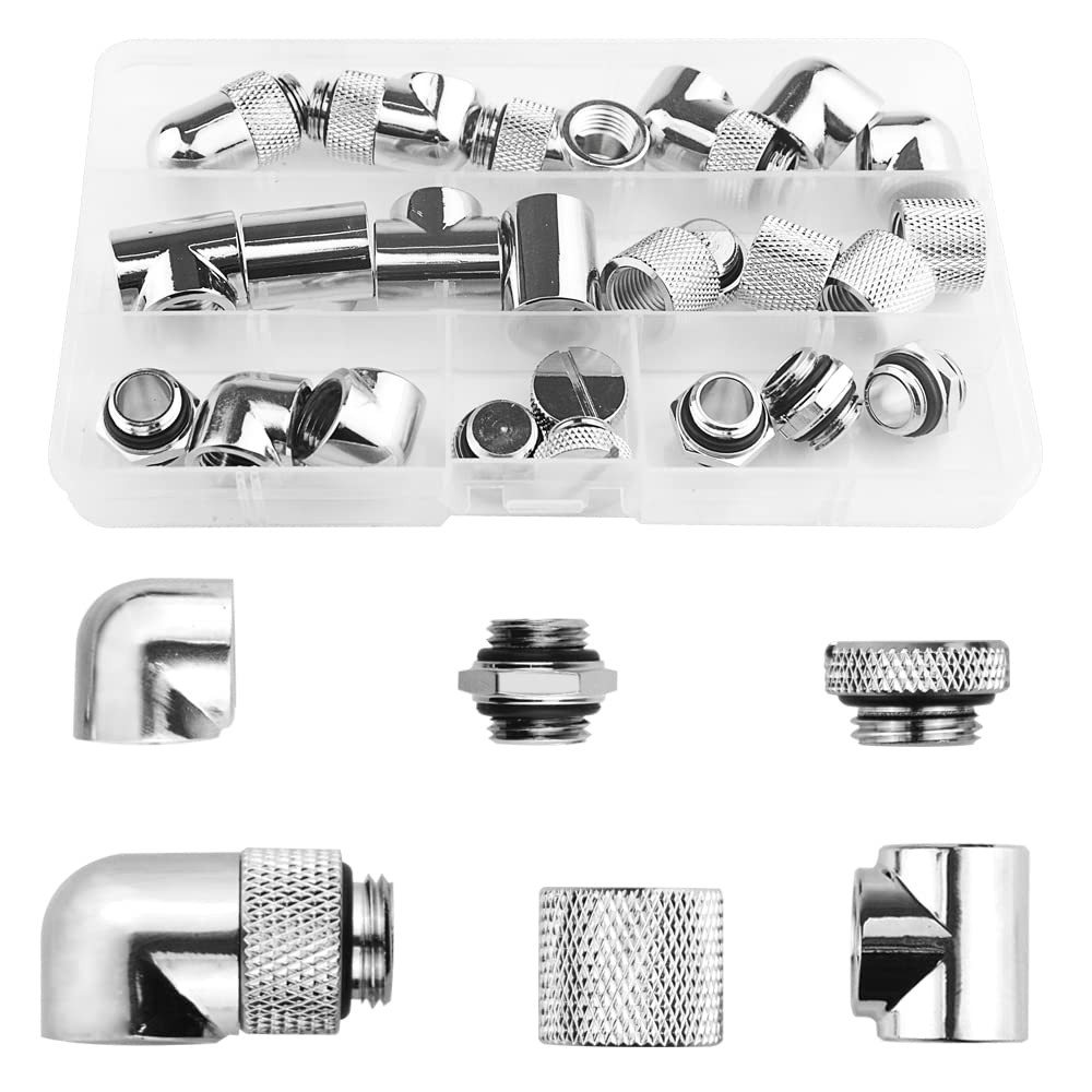 24-Piece Silver Chrome G1/4" Fittings Kit for Custom PC Water Cooling Systems...