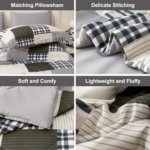 Comforter Set King Size Plaid Patchwork King-7 Pieces Buffalo Plaid Patchwork