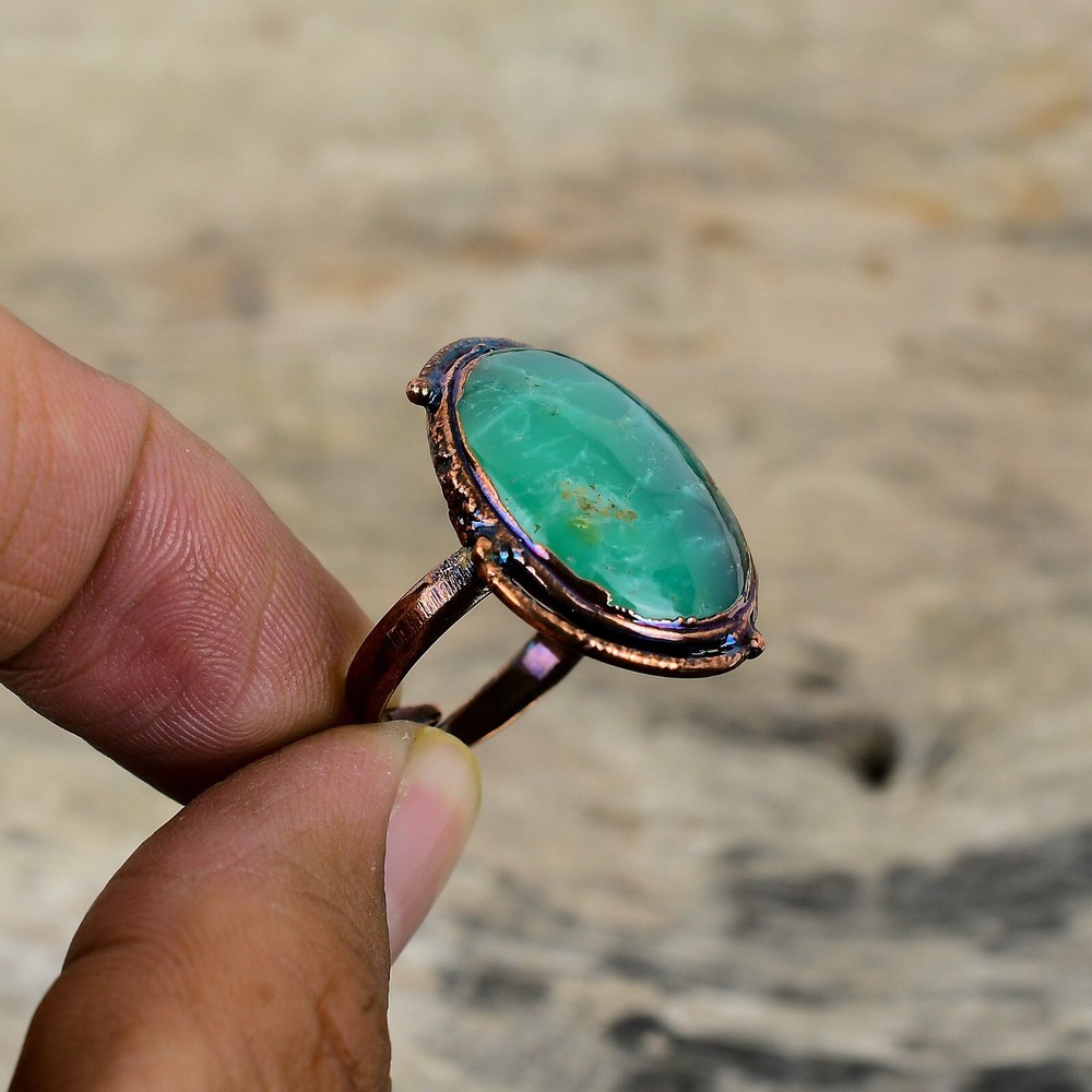 Gift Electroformed Solitaire Adjustable Ring Size Adjustable Copper Chrysoprase