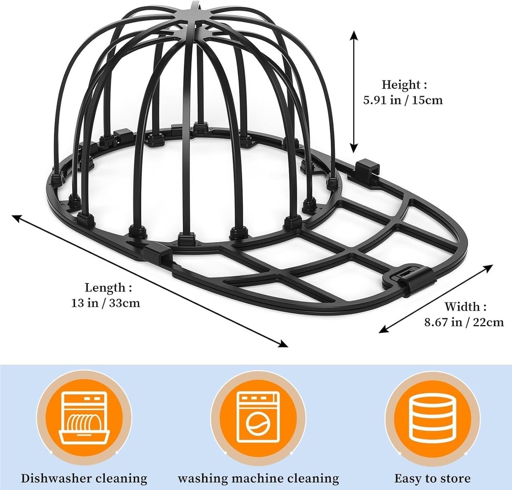 Durable Hat Washer Cage for Baseball Caps - Machine & Dishwasher Safe (Black)