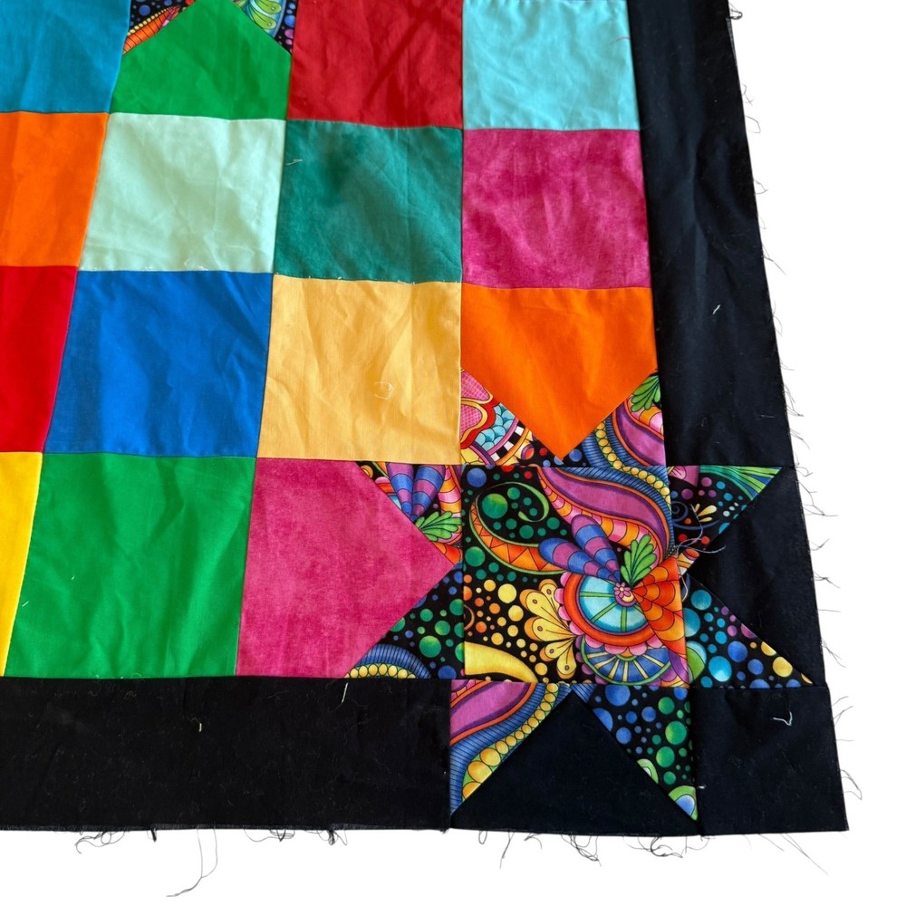 Handmade Rainbow Patchwork Quilt Top Psychedelic Star Applique 41x50 Black Trim
