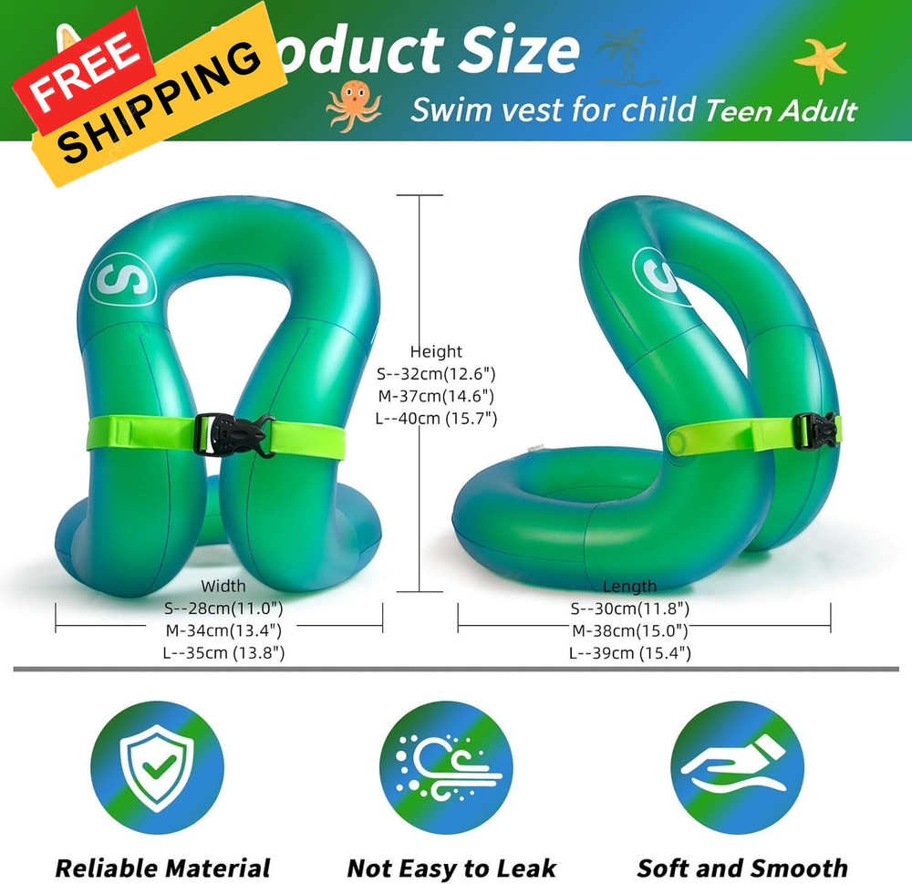 Swim Vest, Inflatable Jacket, Pool Floaties, Lightweight Small, Green-S