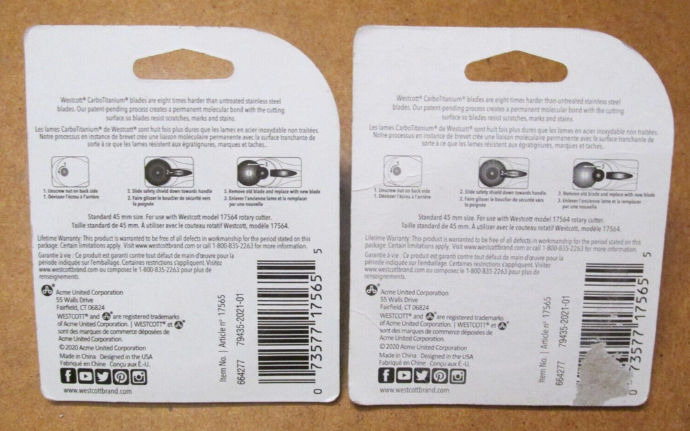2 Westcott CarboTitanium 45mm Circular Replacement Rotary Blades