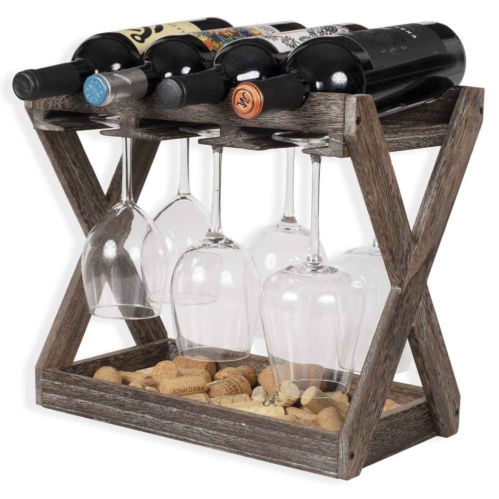 Rustic State Cava Countertop Solid Wood Wine Rack for 4 Bottles and 6 Stemwar...