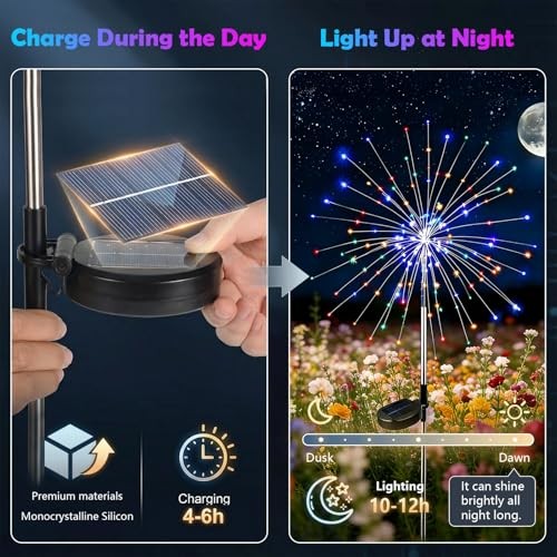 Solar Firework Lights Outdoor, Adjustable 32" to 51" Extra 2 Pack Multicolor