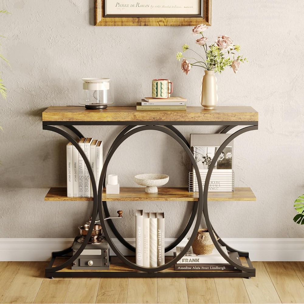 3-Tier Industrial Entryway Table with Metal Frame, Open Shelf Console Sofa Table