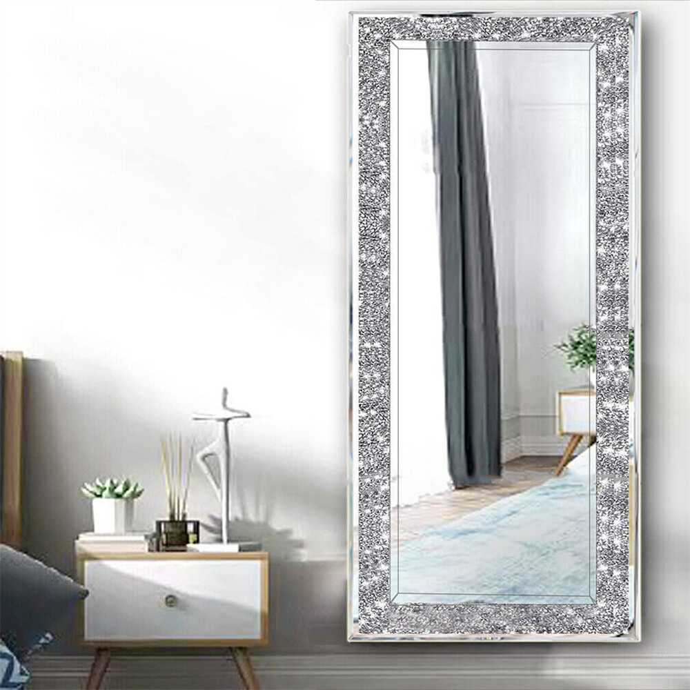 Large Crystal Crush Diamond Rectangle Silver Mirror Wall Hang Frameless Mirror