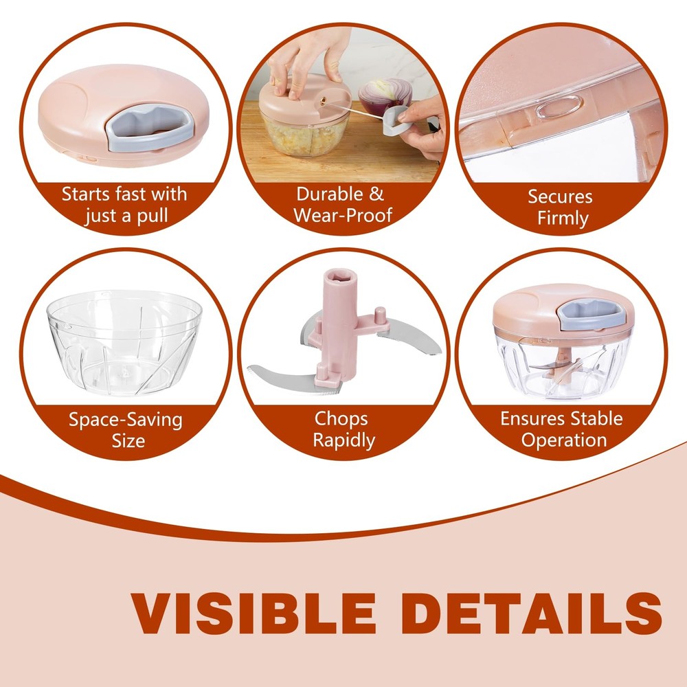 ‌Manual Food Processor Vegetable Chopper, Portable Hand Pull 500ml, Pink