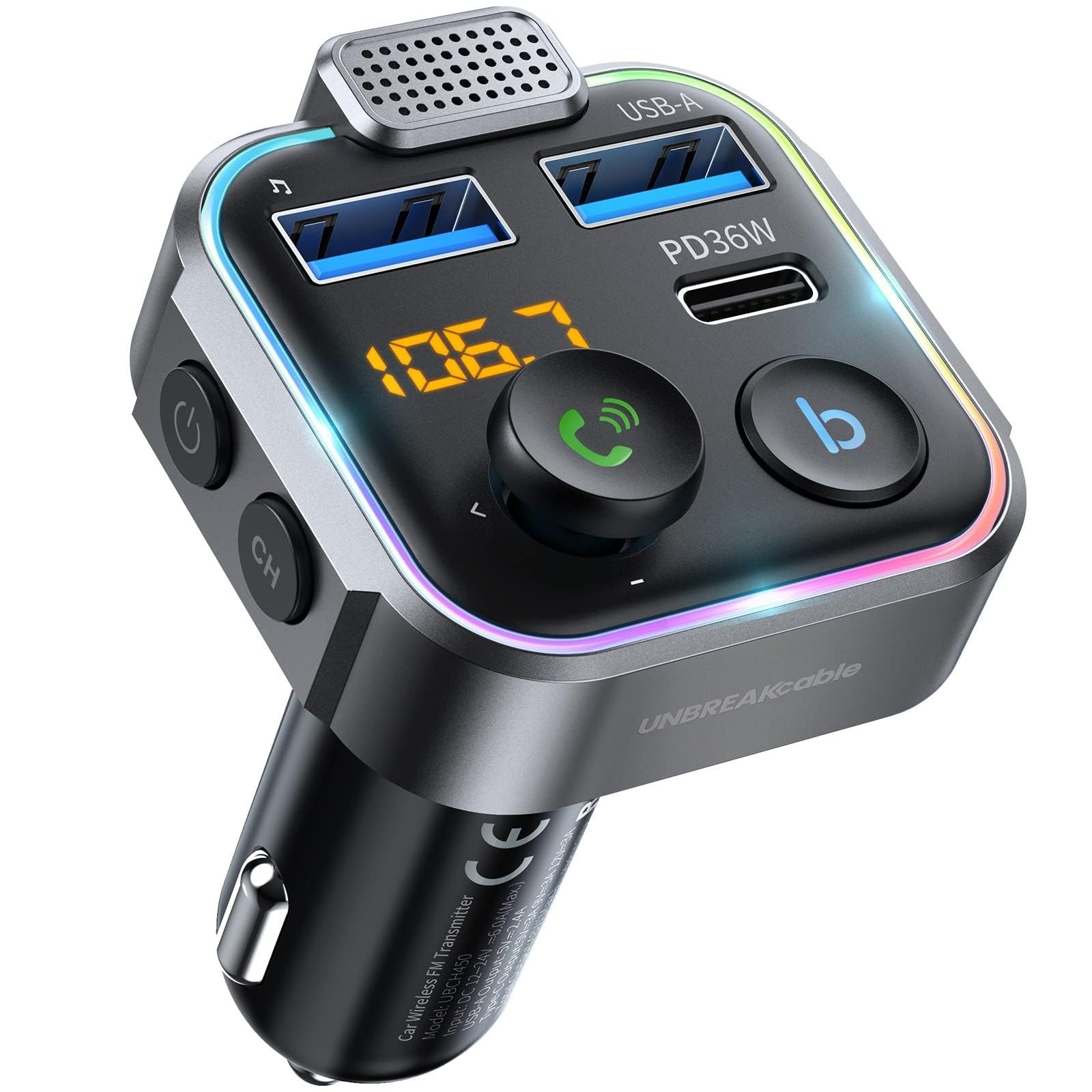 UNBREAKcable Bluetooth FM Transmitter for Car, PD 38W Fast Charging, Wireless...