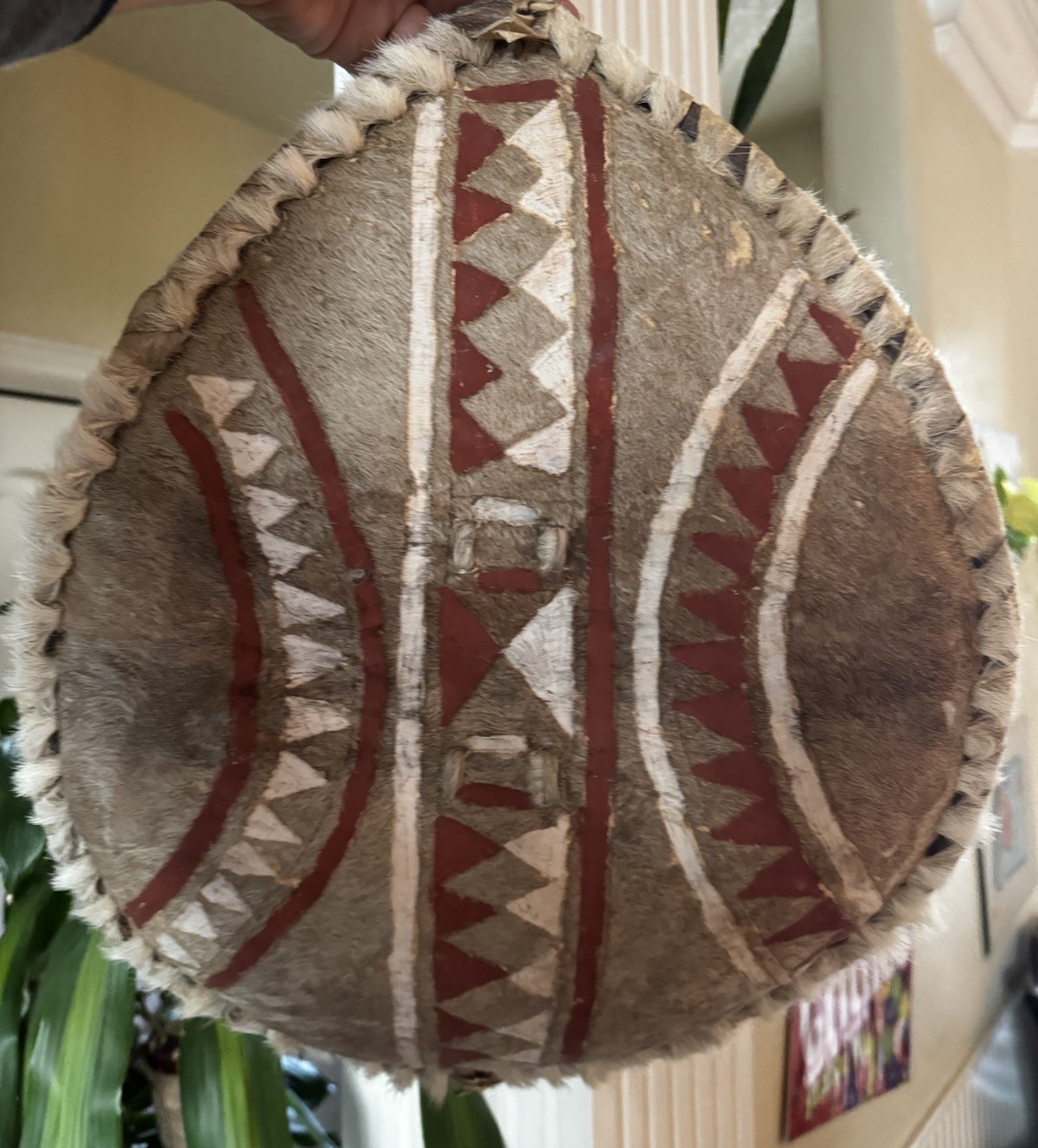 Vintage 18" Handmade African Maasai Warrior Sheild Real Fur Buffalo Hide & Wood