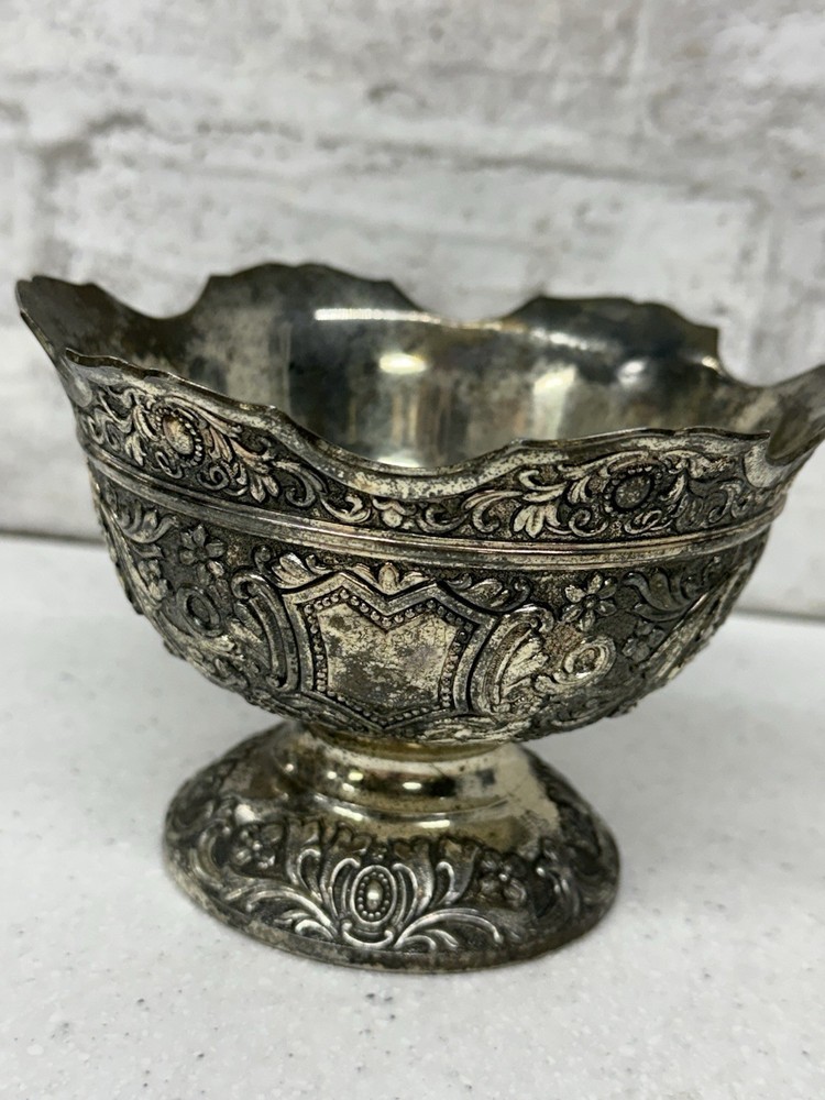 Vintage Repousse Silver Plated Ornate Floral Scroll Candy Dish Compote Bowl