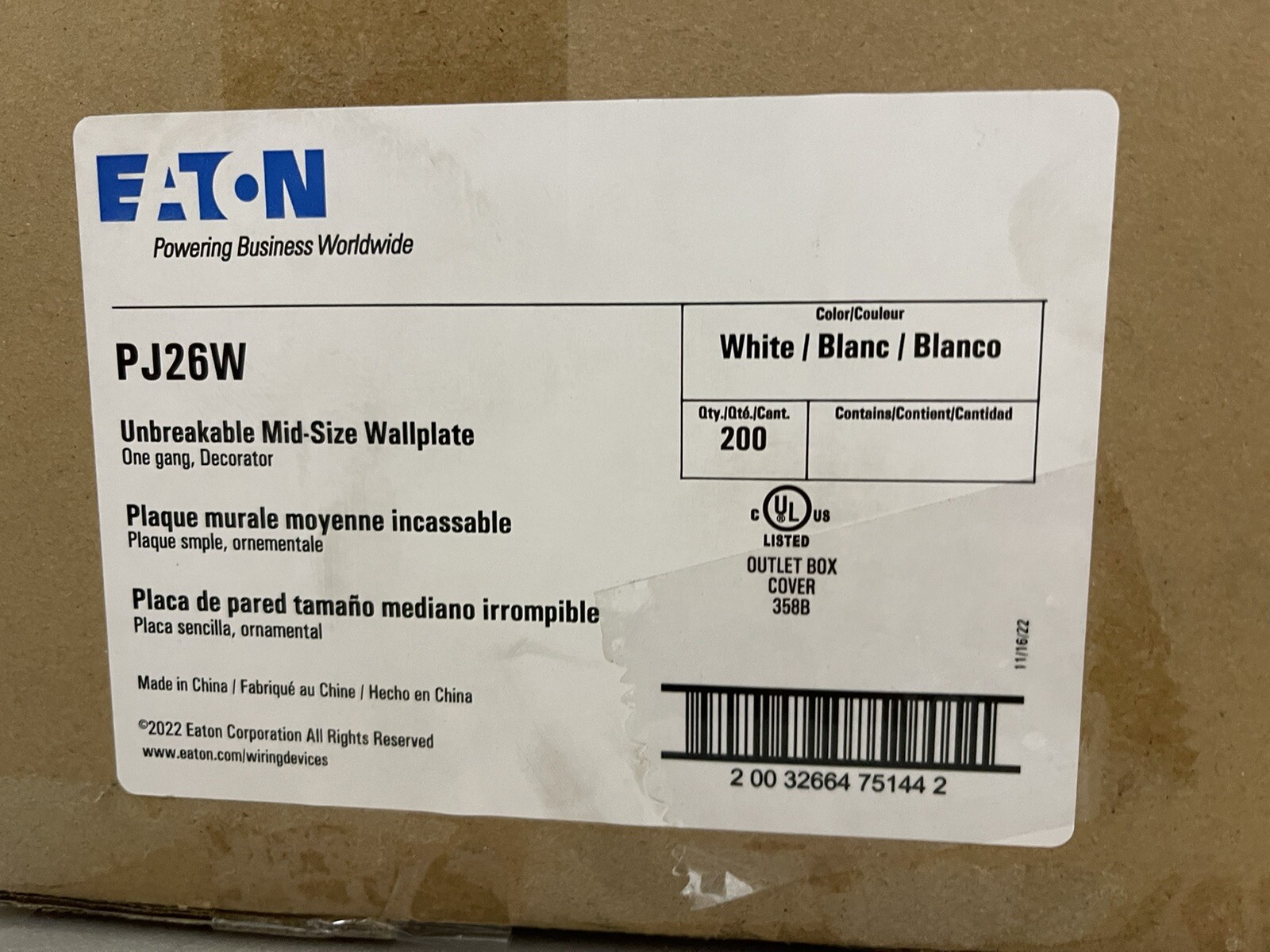 Case of 200 Eaton White 1G UNBREAKABLE Mid-Size Wallplates GFI GFCI Cover PJ26W