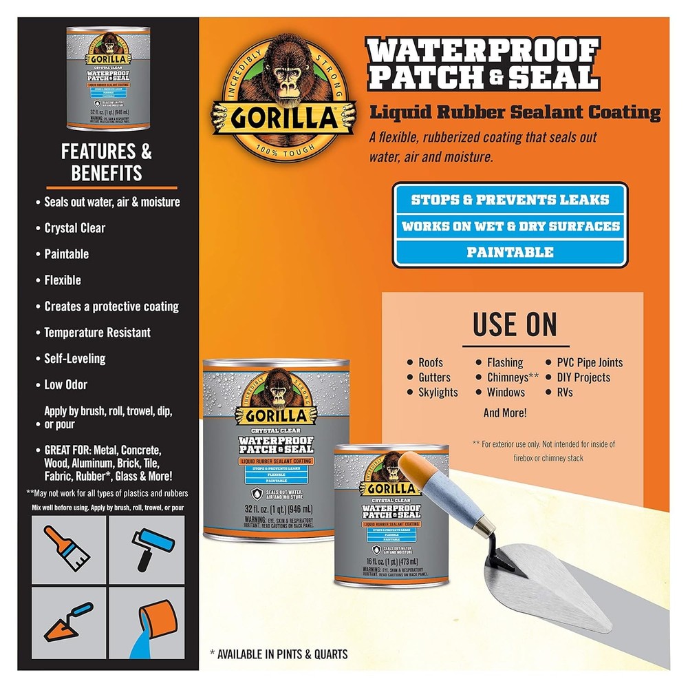 Gorilla Patch & Seal Liquid Rubber Waterproof Sealant, 1 - Pack, Clear