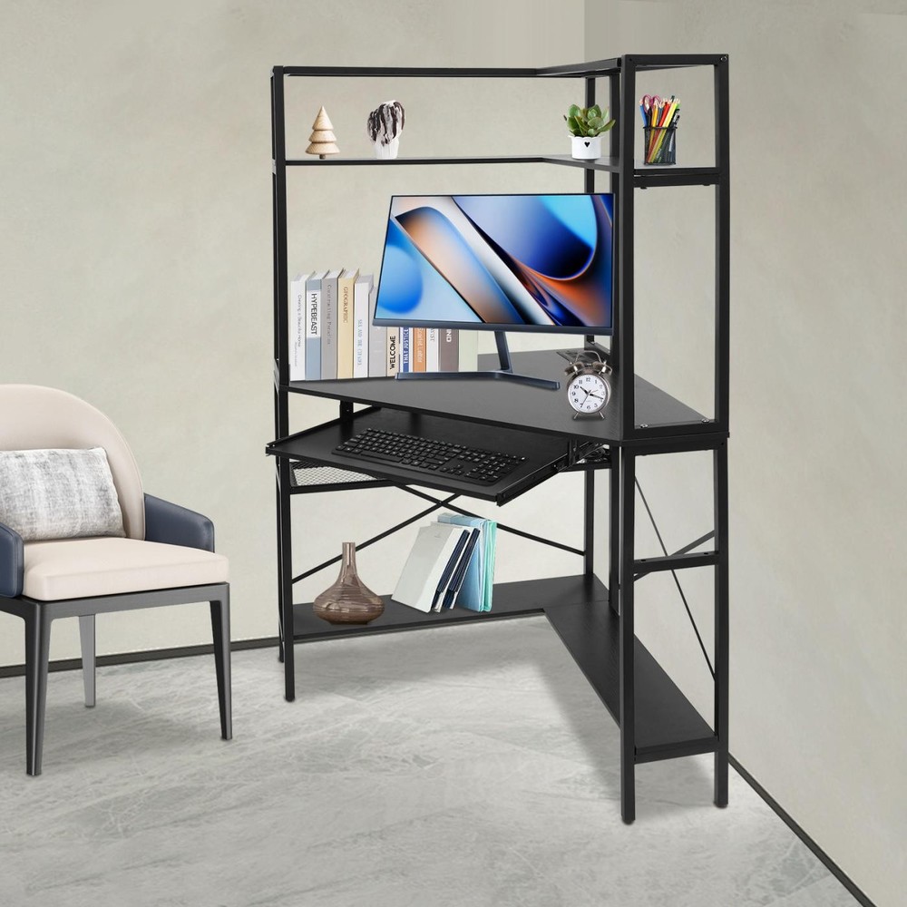 Black Corner Desk, Corner Computer Desk with Power Outlets, Home Computer Desk