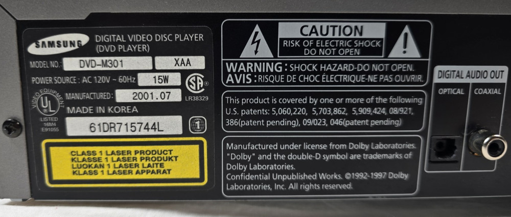 Samsung DVD-M301 DVD CD MP3 Player Tested Working Component Output No Remote