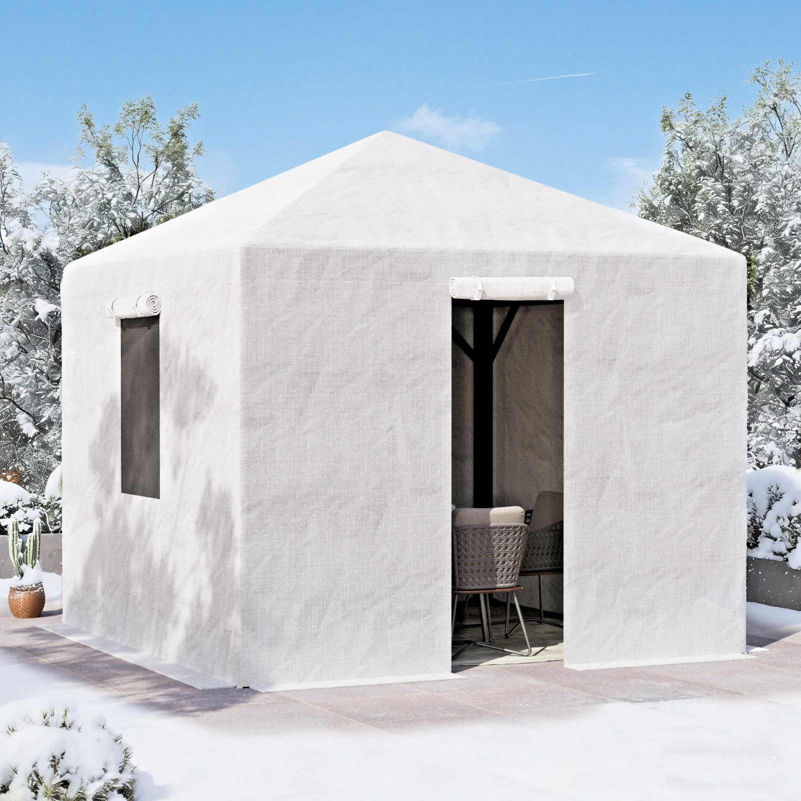 Universal Winter Gazebo Cover Waterproof w/Sidewalls and Mesh Windows (White)