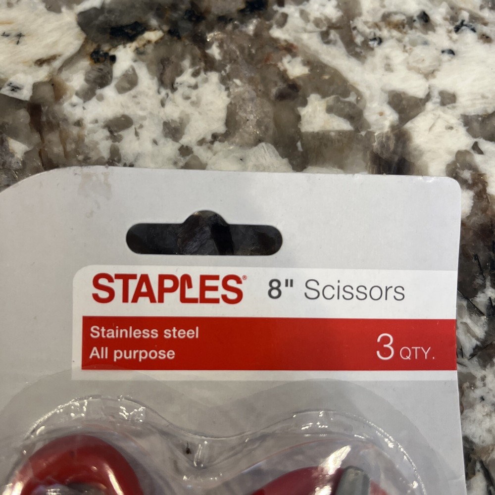 Staples 8" Bent All-Purpose Scissors, 3-Pack, Assorted Colors
