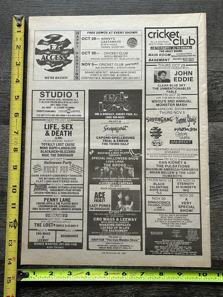 KISS Concert Ad Advert ACE FREHLEY Nov6 1992 Rock House Asbury NJ Vintage Kiss A