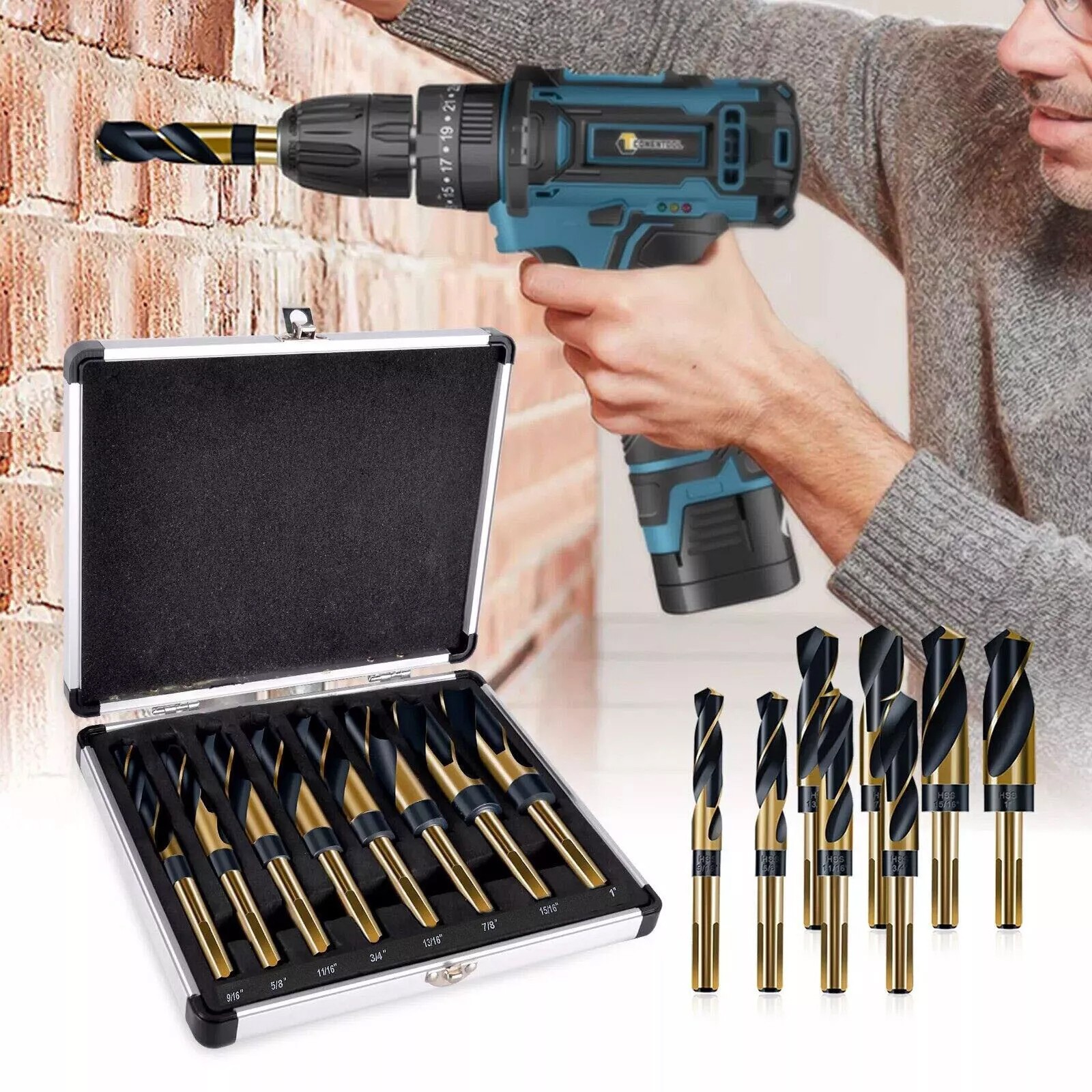 8pc HSS Cobalt Silver & Deming Drill Bits Set, Large Size 9/16" to 1", Reduced 1