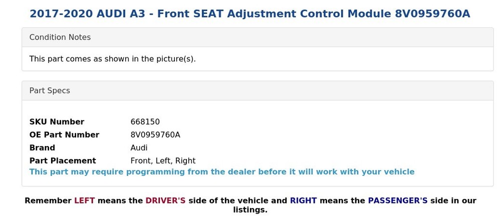 2017-2020 AUDI A3 - Front SEAT Adjustment Control Module 8V0959760A