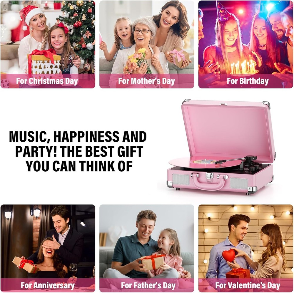 Vinyl Record Player3-Speed Bluetooth Suitcase Portable Belt-Driven Record Player