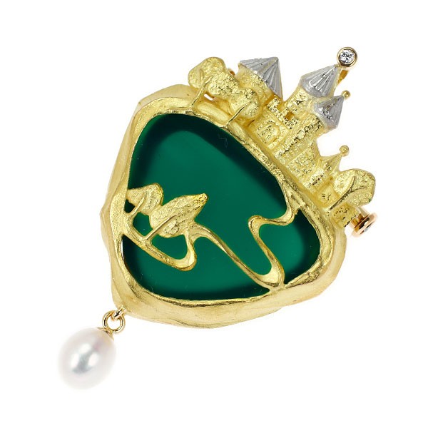 Ishikawa Nobuko K18yg/PT900 Green Agate Freshwater Pearl Diamond Brooch and Pend