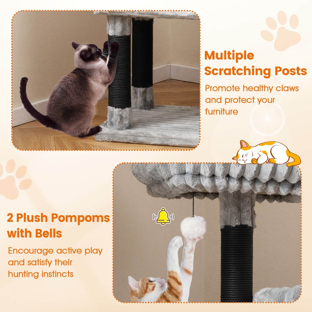 Large Multi-level Cat Tree w/2 Condos, 2 Perch Beds, Scratching Posts, Balls