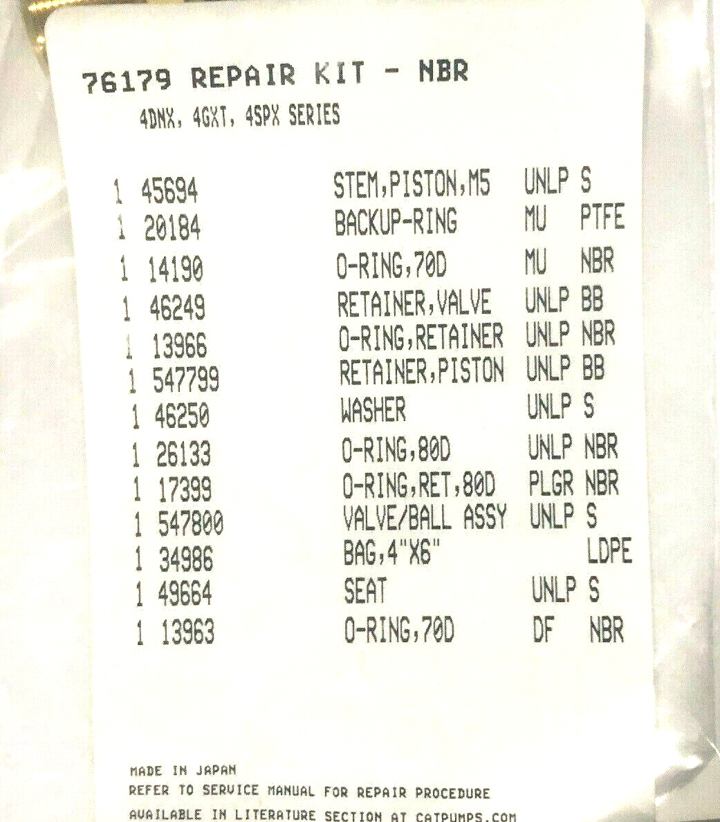 CAT PUMPS 76179 INTEGRAL UNLOADER REPAIR KIT 4DNX,4GXT 4SPX (OEM Part)