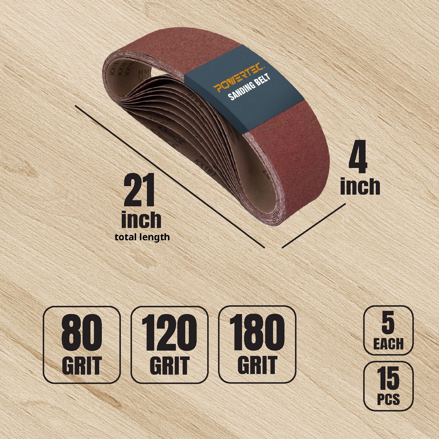 POWERTEC 110011 4 x 21 Inch Sanding AO Belts - 15PK, 5 Each of 80,120,150 GRIT
