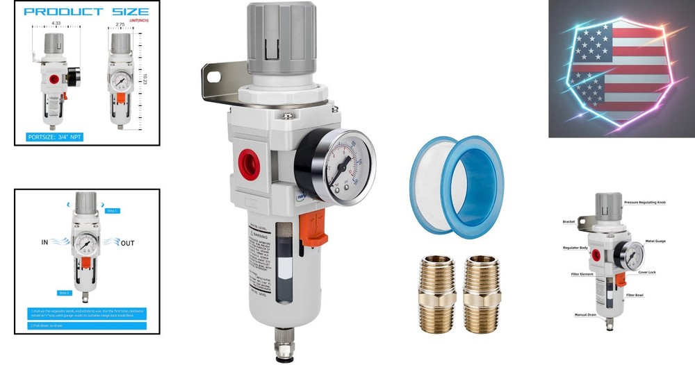 3/4" NPT Compressed Air Filter Regulator Combo Piggyback, 5 Micron Brass Elem...