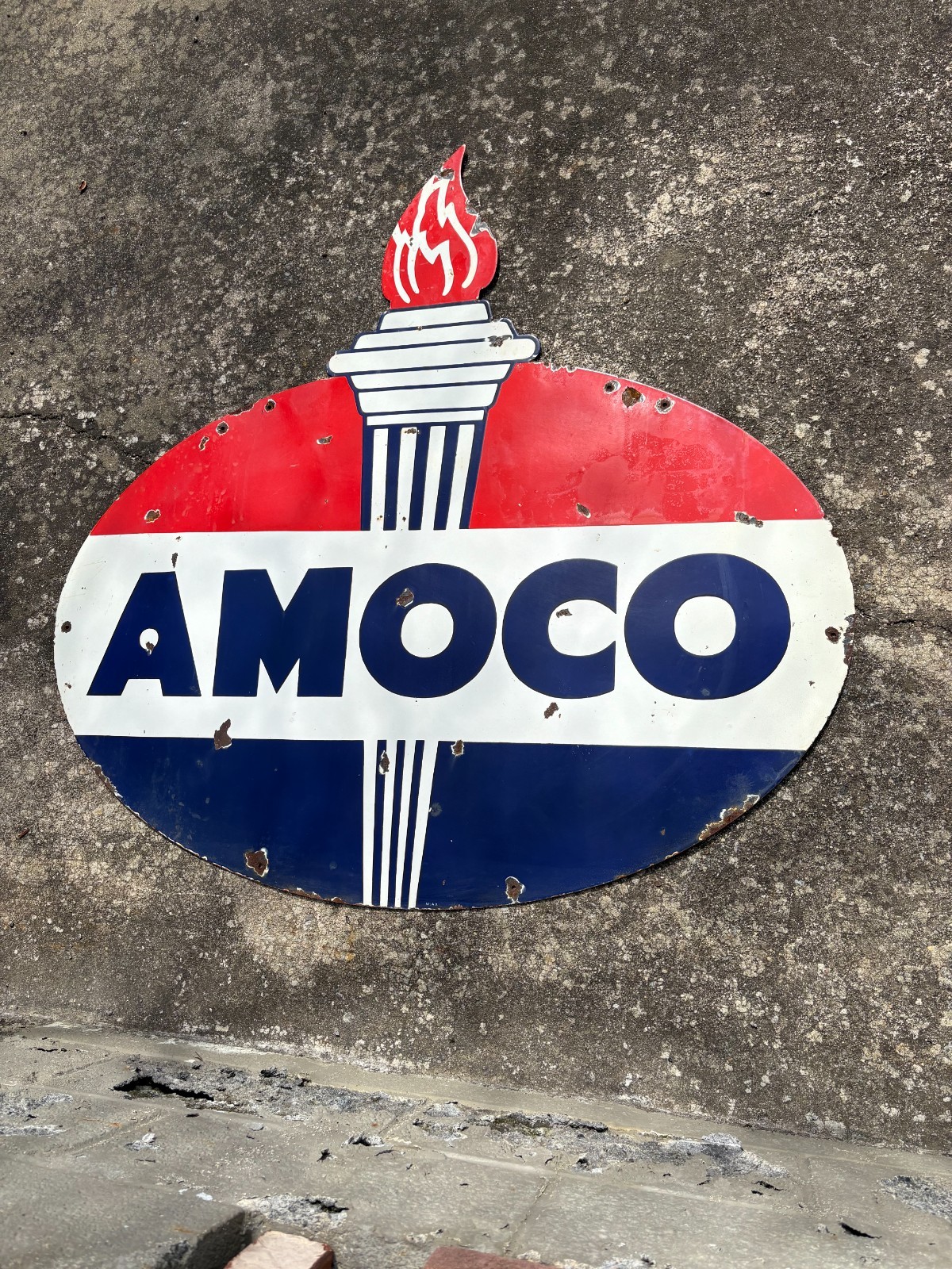 ORIGINAL 1950's "AMOCO GASOLINE" LARGE DOUBLE SIDED PORCELAIN DEALER SIGN, NICE