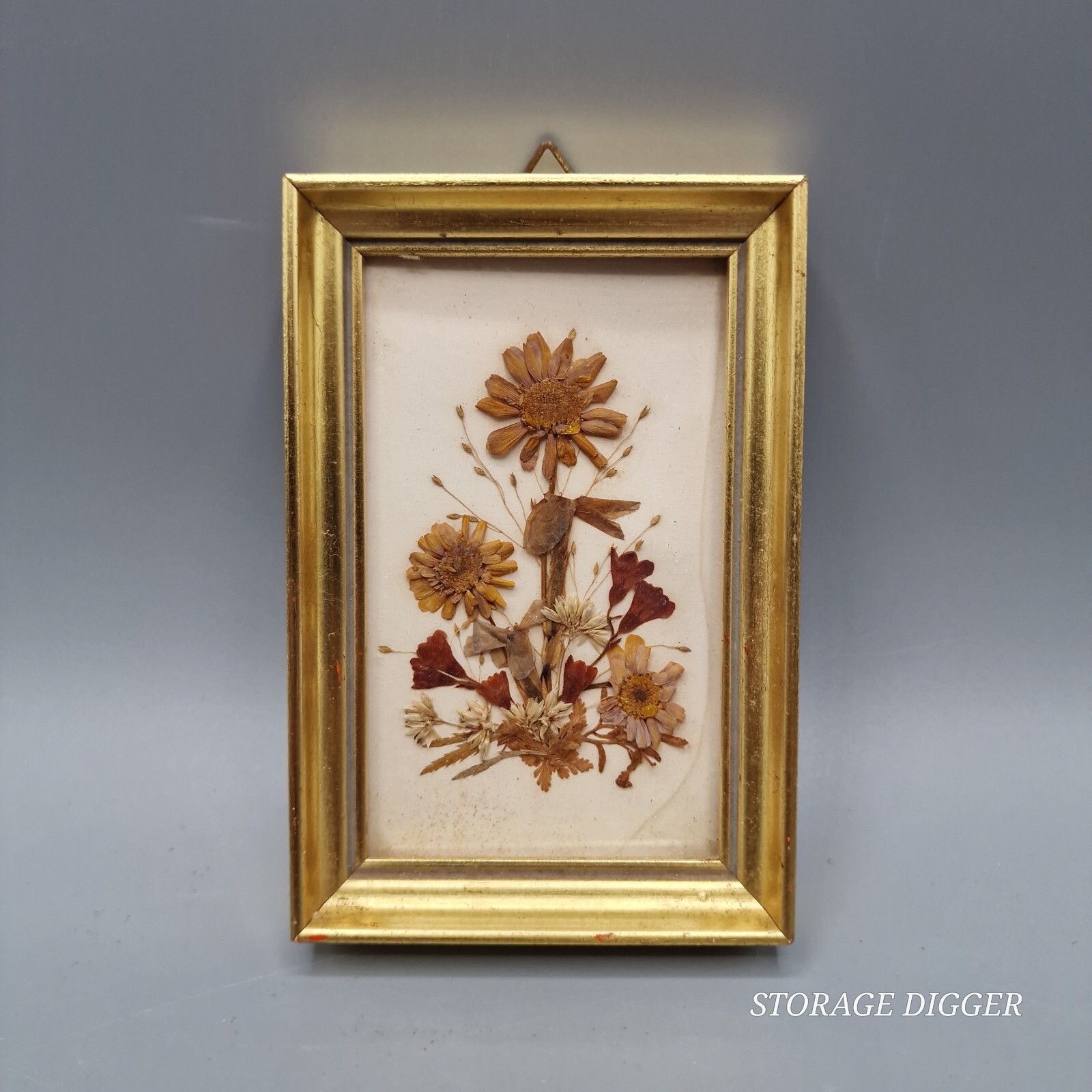 Vintage 1970's Reichlin Switzerland Pressed Dried Flowers Art Gold-Tone Frame