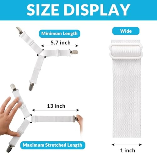 Bed Sheet Straps, 4-Pack Adjustable Bed Sheet Clips - Easy Install 4 Pack White