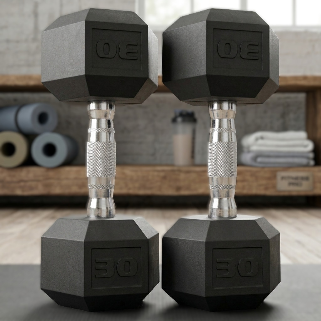 30 lb Rubber Coated Hex Dumbbells – Strength Training Barbell Weights Set of 2