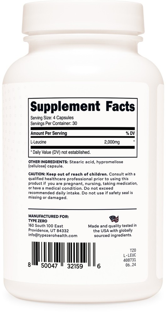 TypeZero L-Leucine Capsules (2000mg per serving) 120 capsules - 30 Servings
