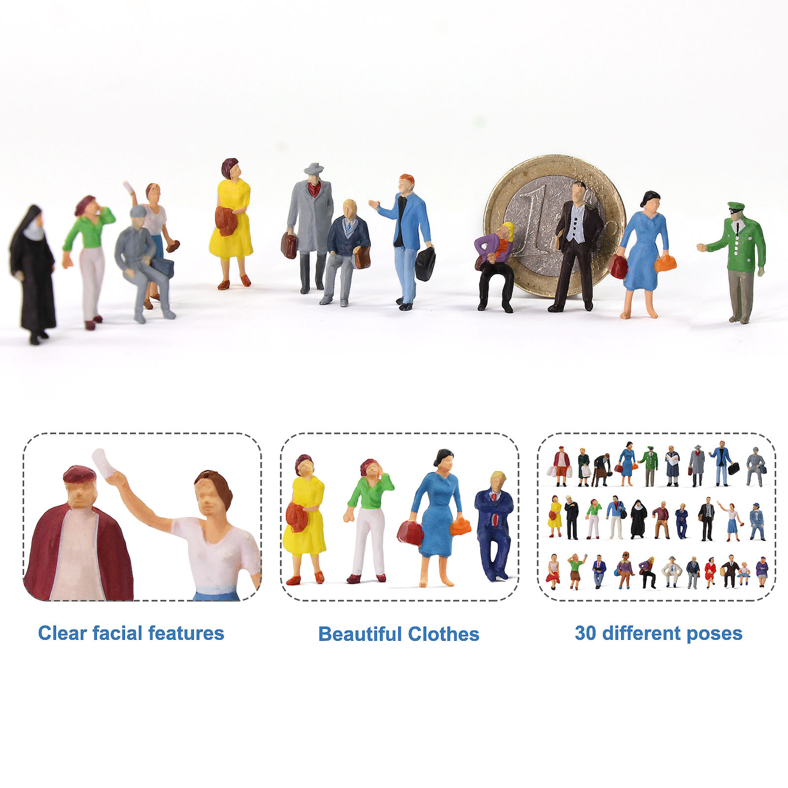 30pcs Different Poses HO Scale 1:87 Well Painted Standing Seated People Figures