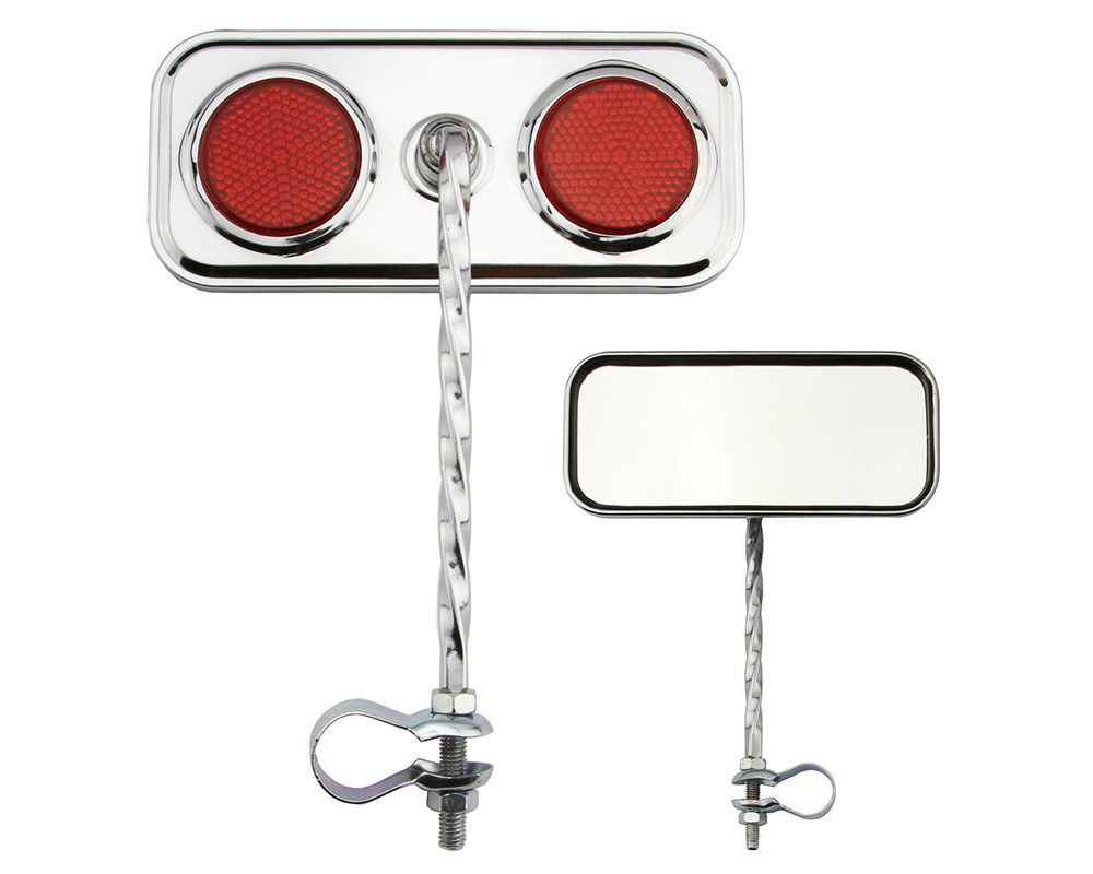 Bike Two Rectangle Square Twisted Mirror Chrome Red Reflectors.