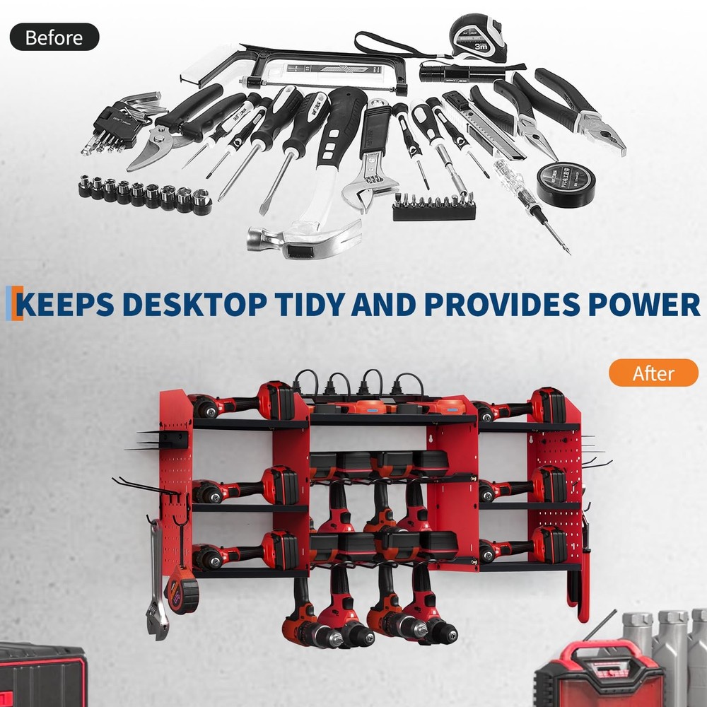 Power Tool Organizer Wall Mount 3-Layer Garage Rack 8 Outlets Drill Storage Hook