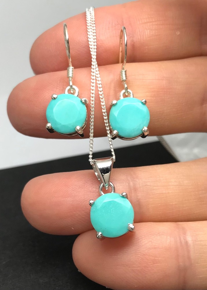 turquoise drop earrings pendant set solid Sterling Silver natural Round. Box.