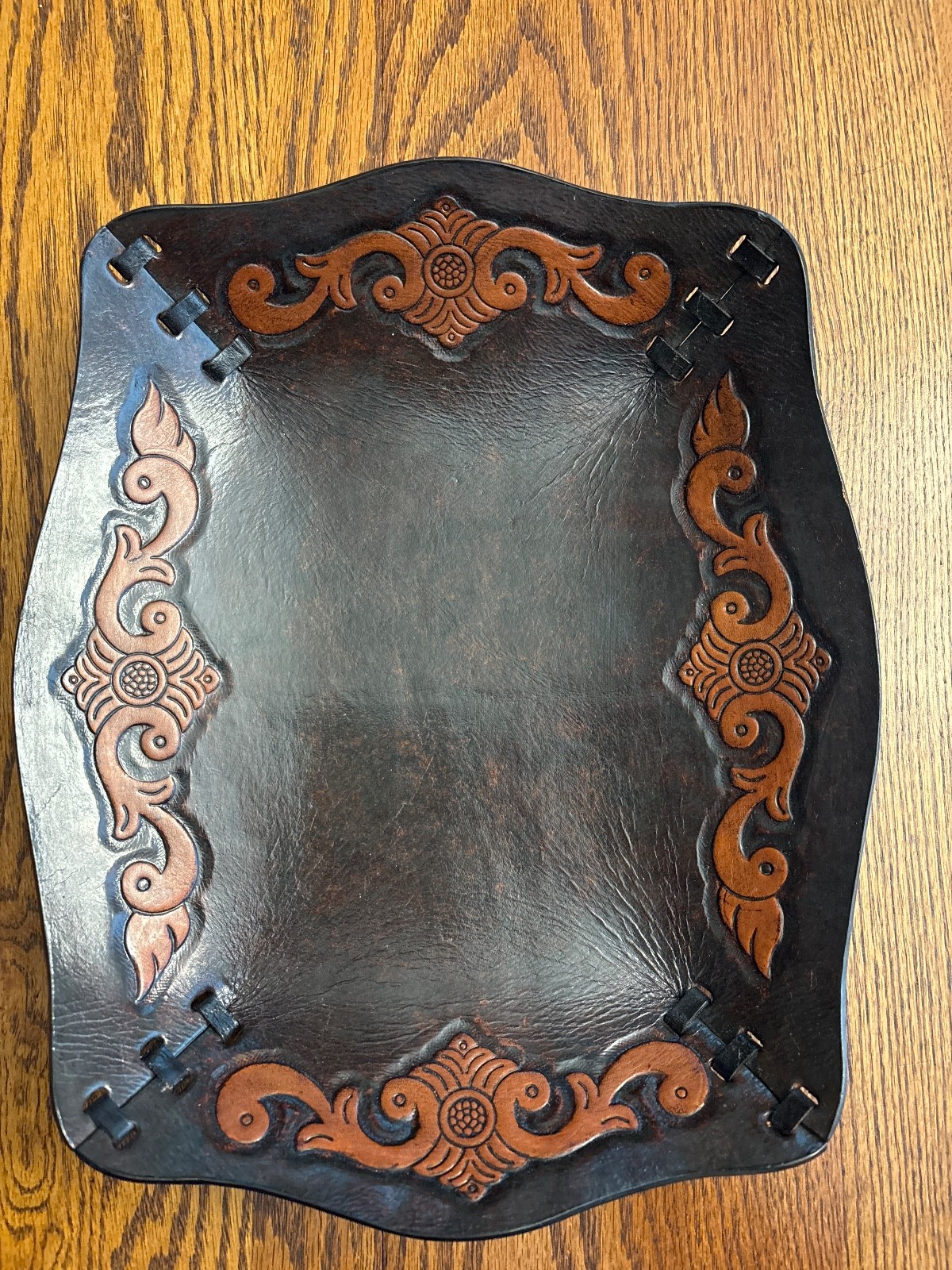 Peru Handcrafted Tooled Leather Bowl Tray Spanish 13.5"x 11.75 Free Shipping!