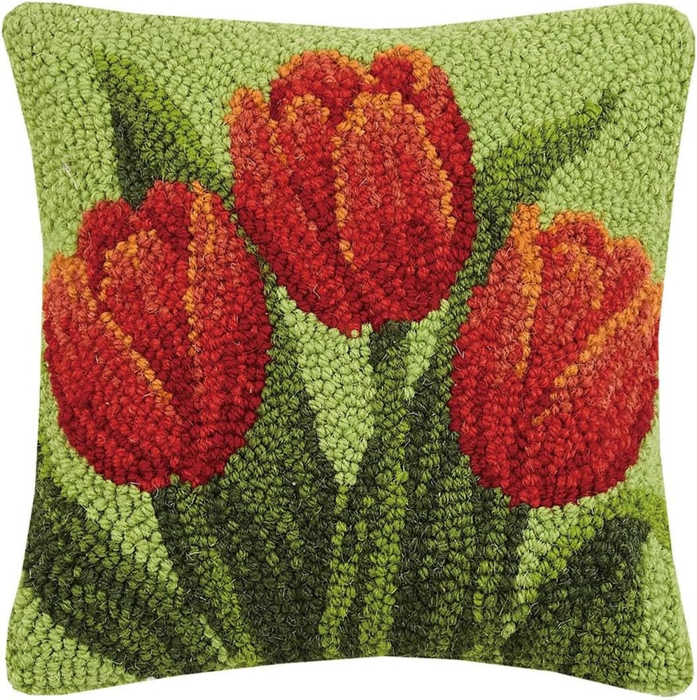 Red Tulips 10" Square Hooked Wool Throw Pillow with Polyfill Insert