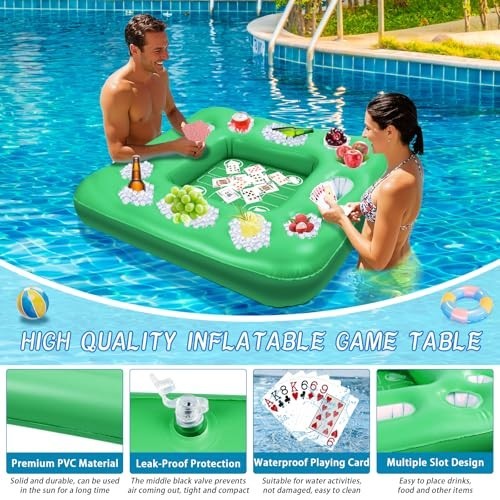 Floating Pool Table with Drink Holders, 40x40" Inflatable Game & Card Table