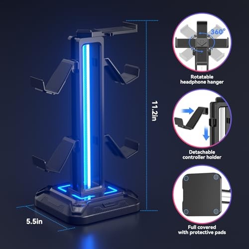 RGB Headset Stand with 9 Light Modes - Controller Holder for Desk - Black
