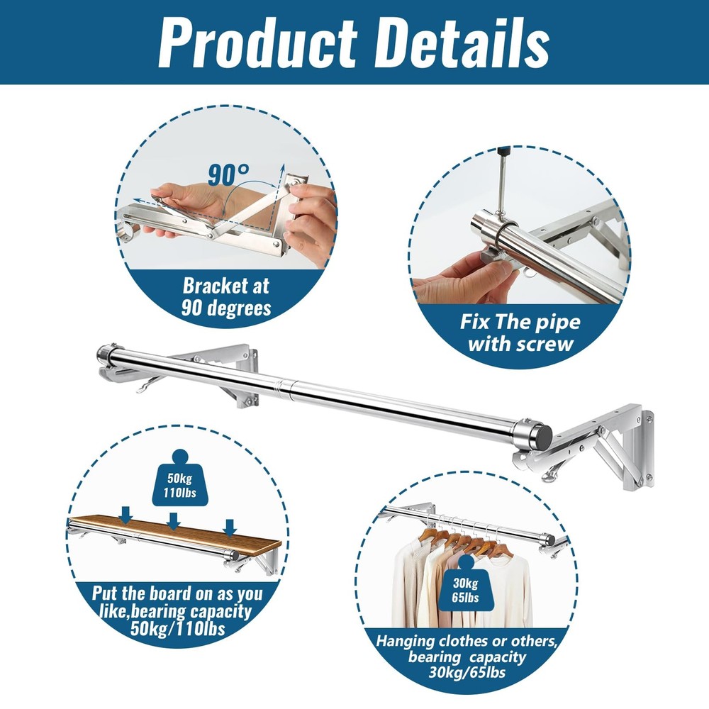 Foldable Wall Mounted Clothes Rack-30'' Long Rod&2 Thick Bases,Stainless Stee...