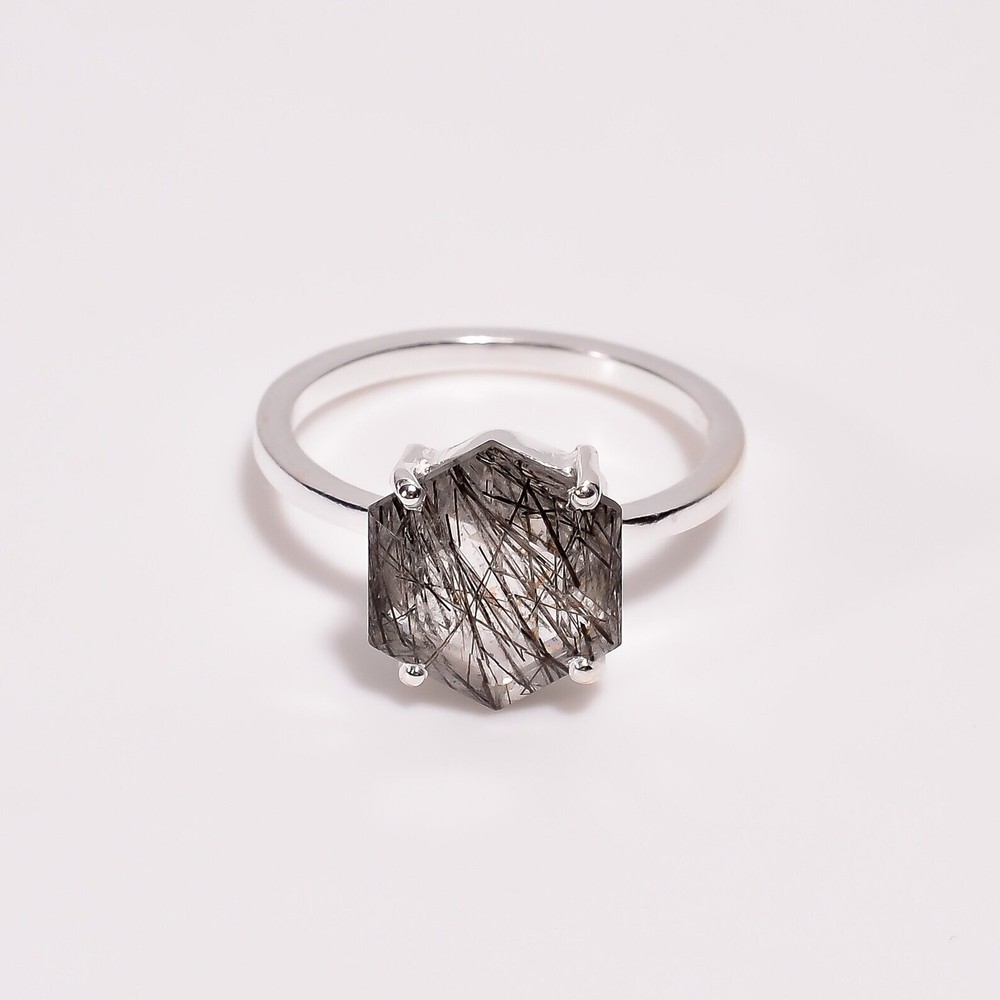 Hexagon Rutilated Quartz Ring – Sterling Silver Statement Gemstone Jewelry
