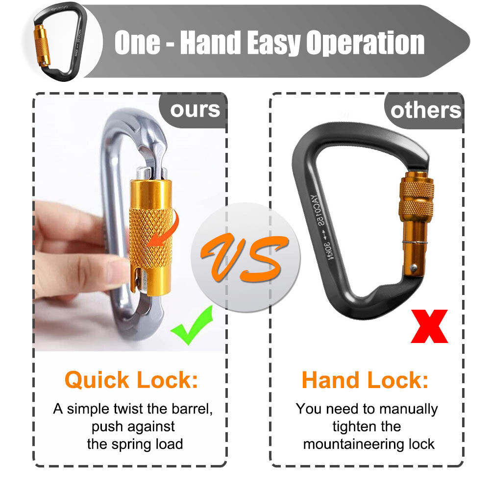 30KN Heavy Duty Auto Locking Climbing Carabiner Aluminum D Ring Clips Twist Lock