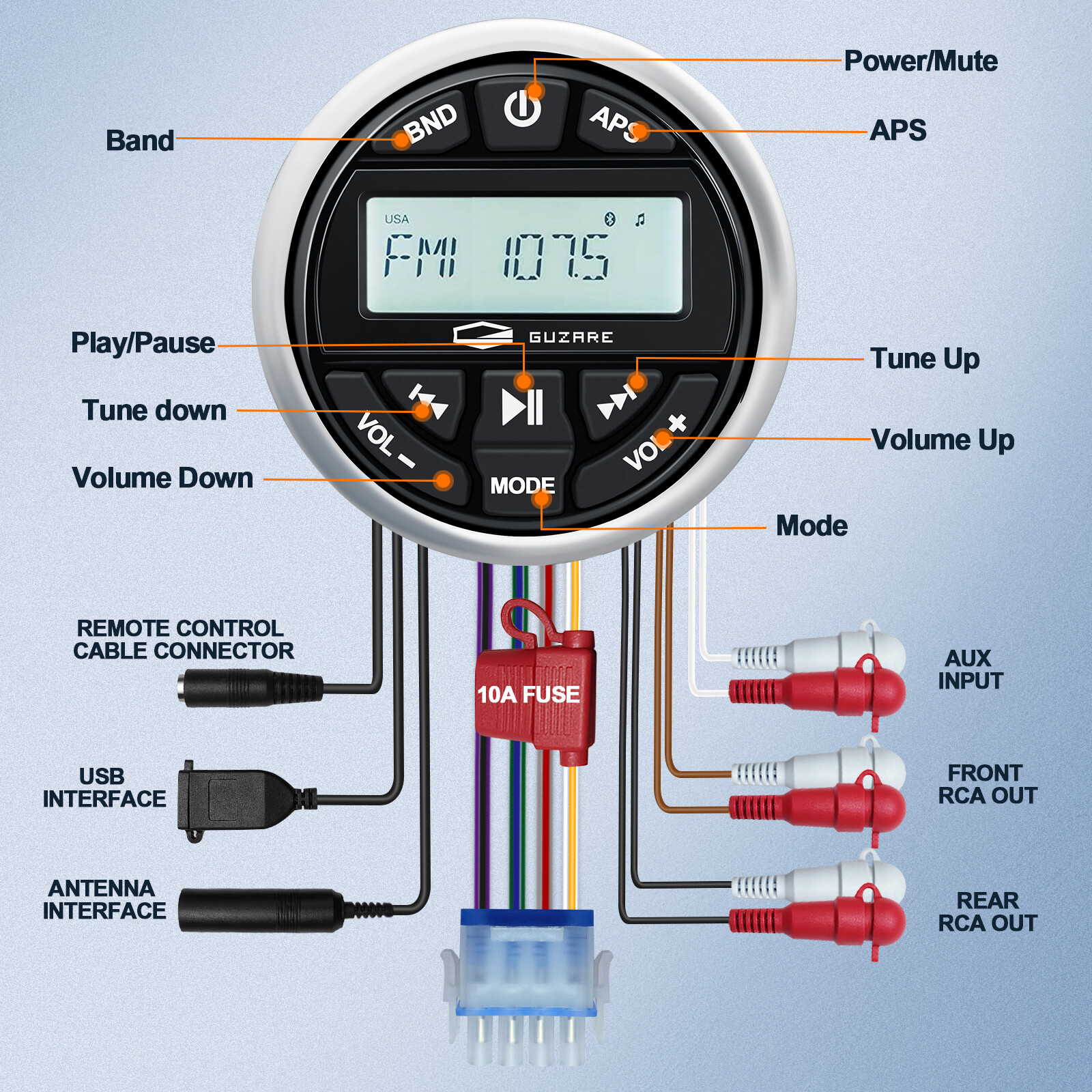 Marine Stereo Audio System Receiver with Bluetooth, USB, AUX input, FM/AM Radio