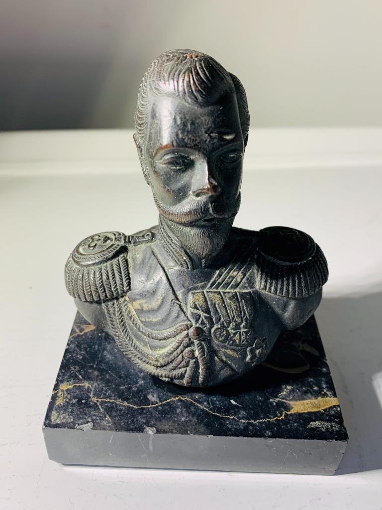 Antique Bronze Bust sculpture miniature Czar Nicholas II Black granite pedestal