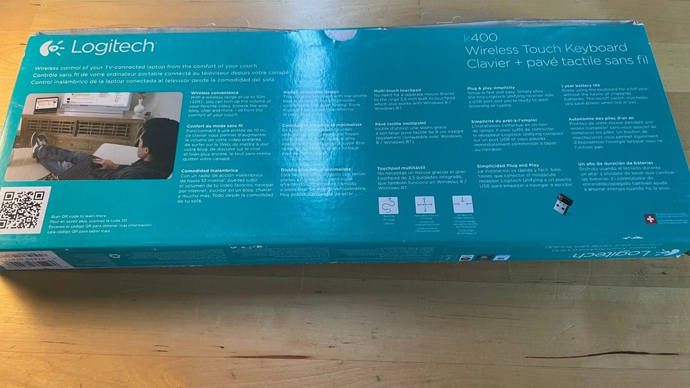 Logitech K400r Wireless Keyboard Built-In Multi-Touch Touchpad w/ Dongle