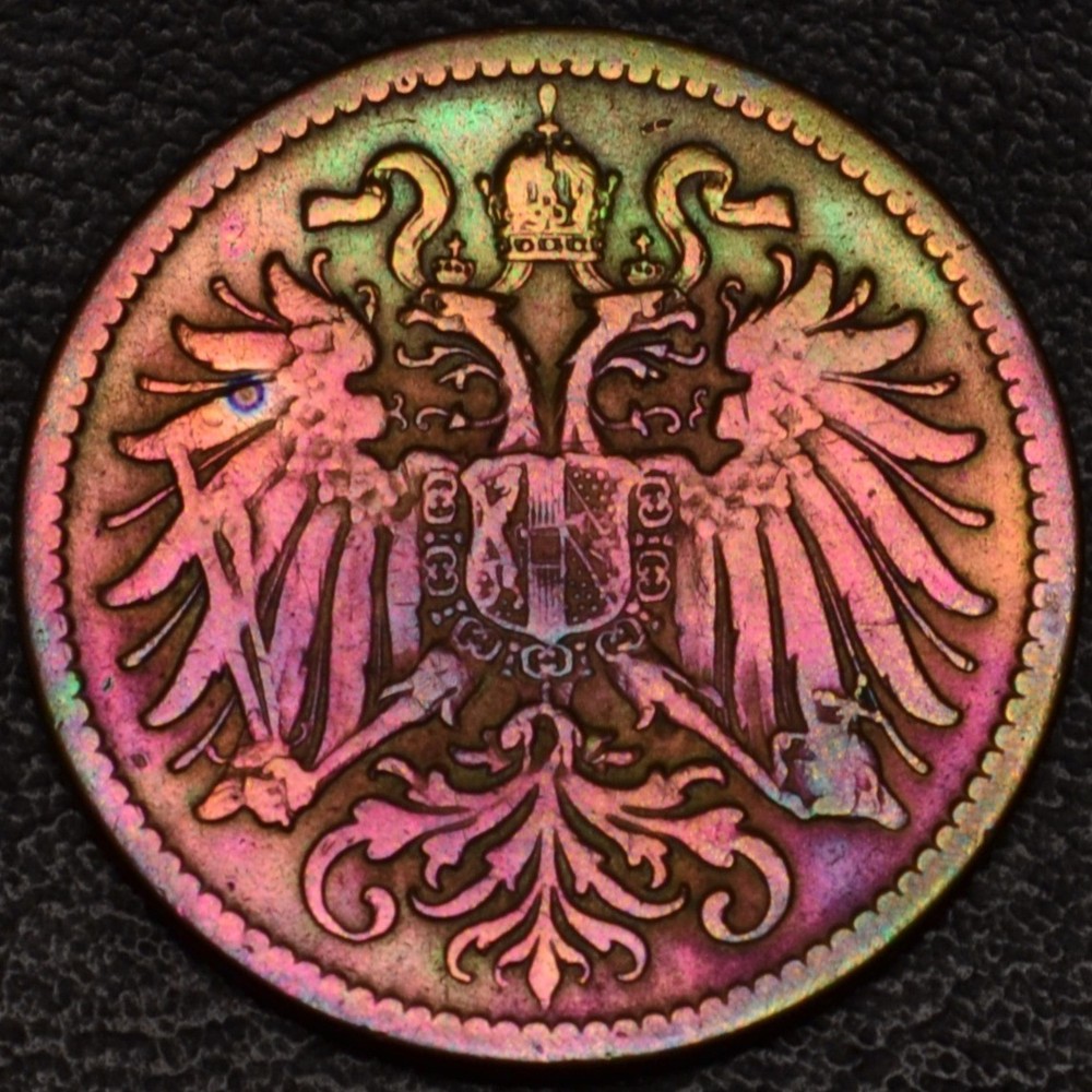 1899 Austria 2 Heller Rainbow Toning (L45-10)